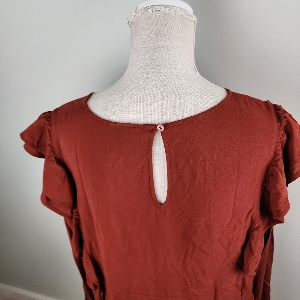 Loft Maroon Ruffle Boho Fall Rayon Top Long Sleeve Size Large - Picture 10 of 12